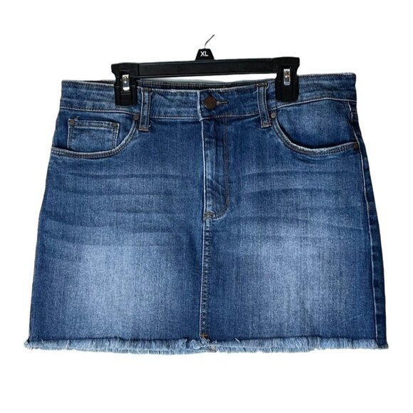 BP Denim Blue Medium Wash‎ Cotton Blend A Line Raw Hem Mini Skirt Size 28 - Picture 2 of 11
